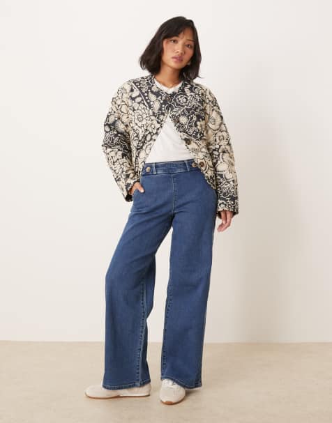 JDY Petite high waist wide leg jeans with buttons details in mid blue - view 1