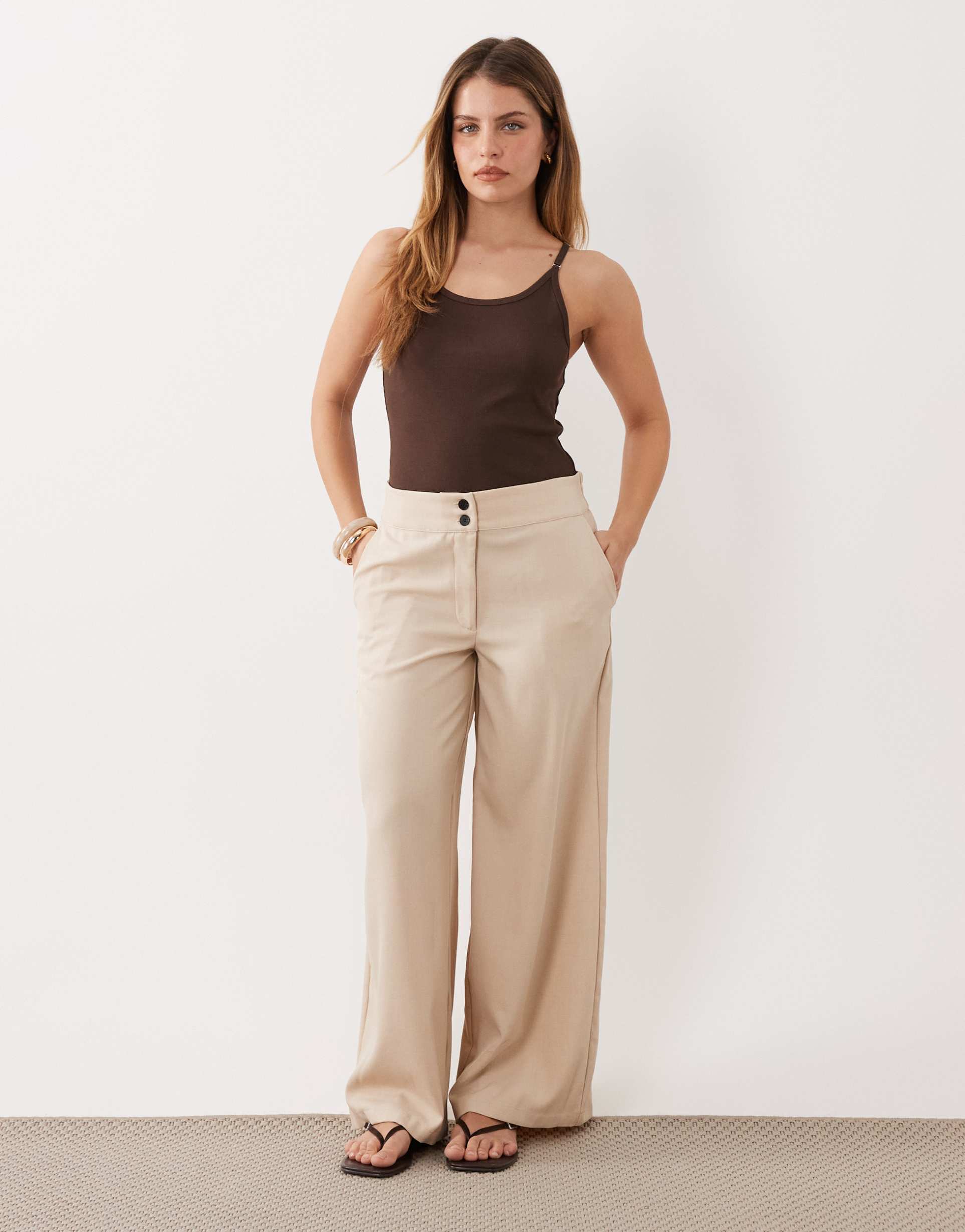 jdy petite high waist wide leg pants in beige