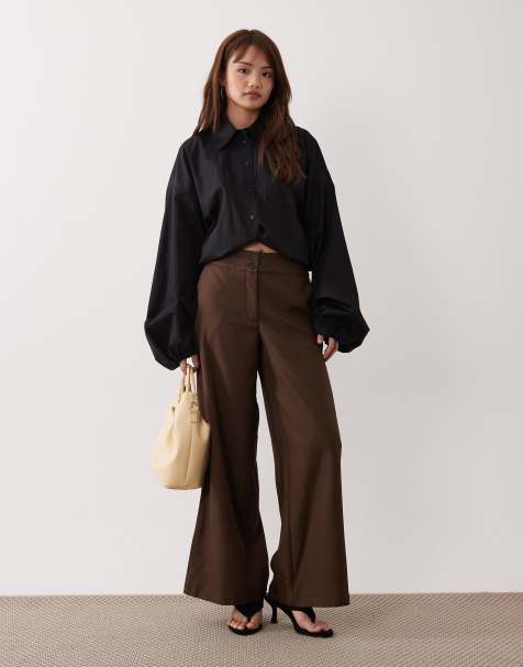 JDY Petite high waist wide leg pants in chocolate - view 1