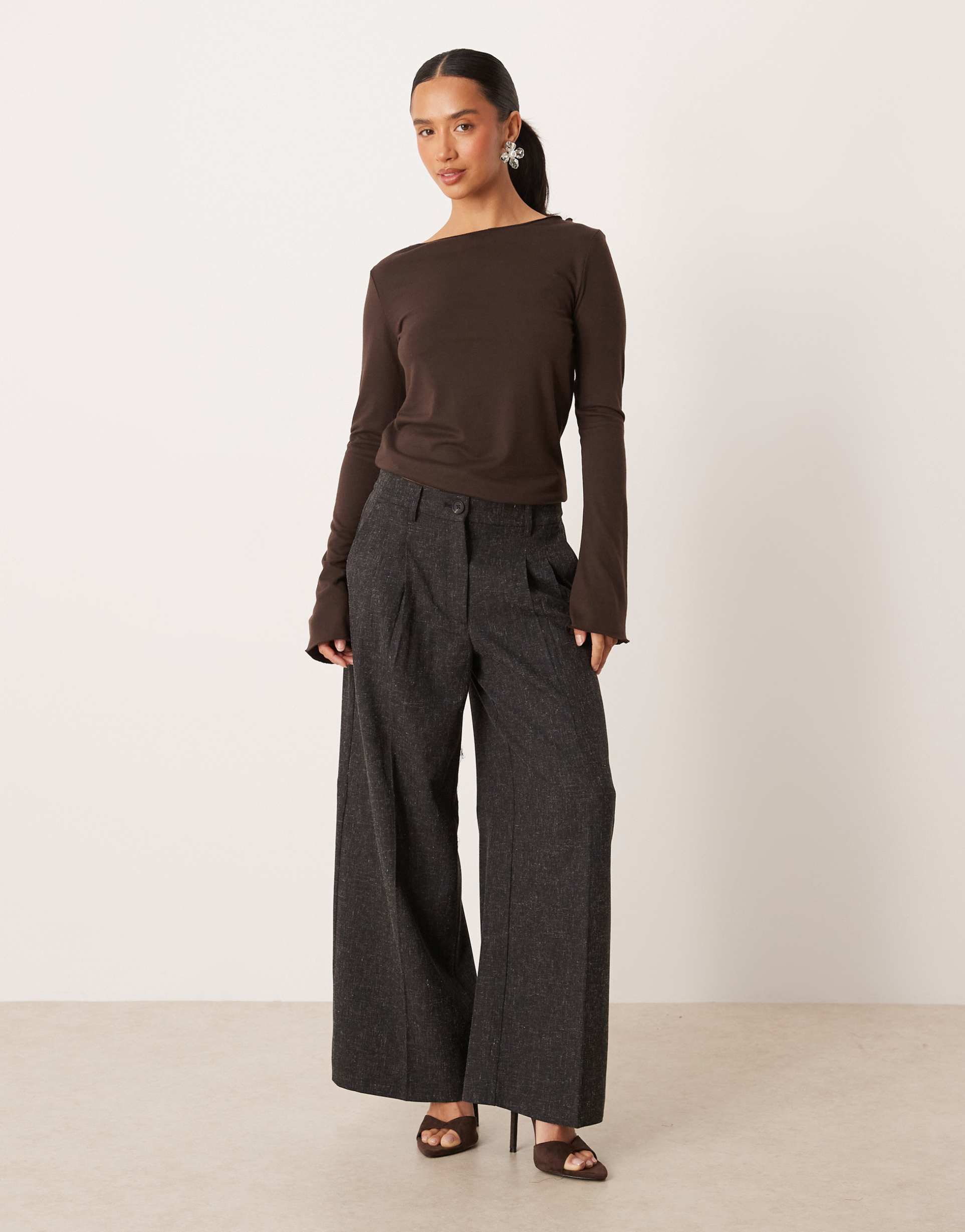 jdy petite high waist wide leg textured tailored pants in dark gray