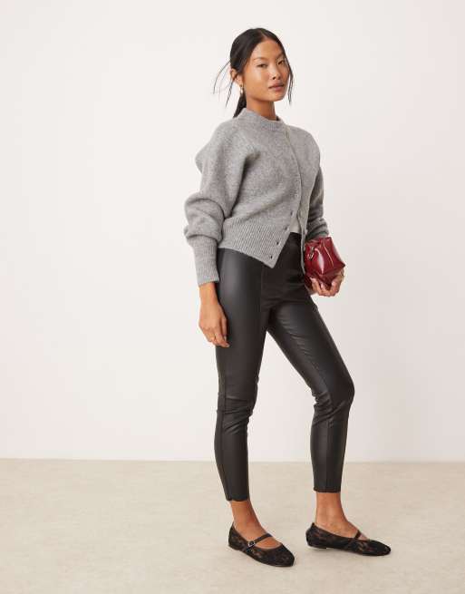 JDY Petite high waisted faux leather pants in black