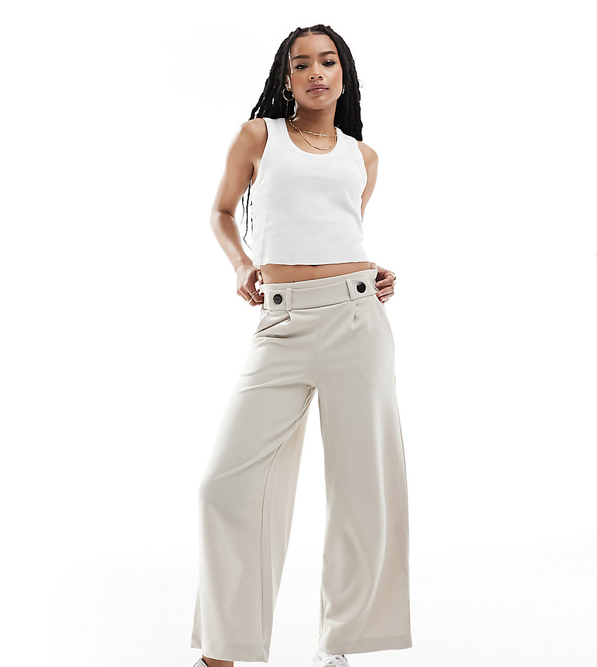 JDY Petite high waisted wide fit tailored trousers in stone-Neutral