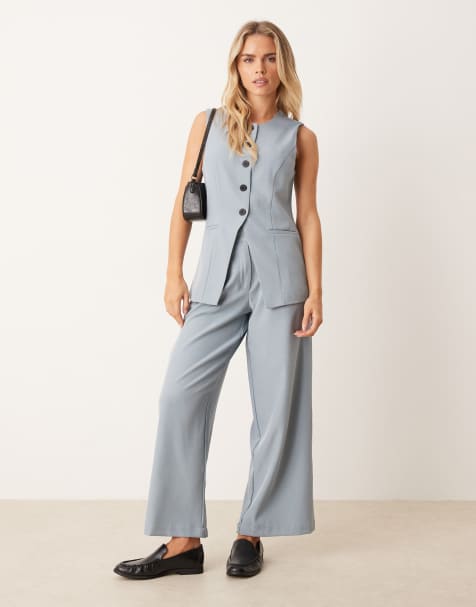 JDY Petite highwaist pleated wide leg trouser co-ord in dusty blue - view 1