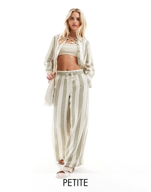 JDY Petite – Hose aus Leinenmix in salbeigrün und weiß gestreift mit weitem Bein, Kombiteil