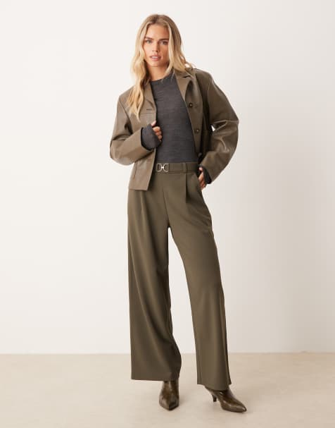 JDY Petite – Hose in Khaki mit weitem Bein und Gürteldetail - view 1