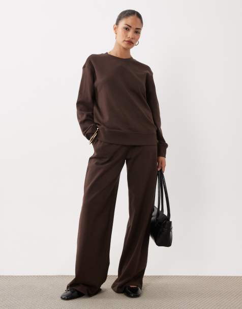 JDY Petite jersey sweatshirt & wide leg sweat joggers co-ord in chocolate brown - view 1