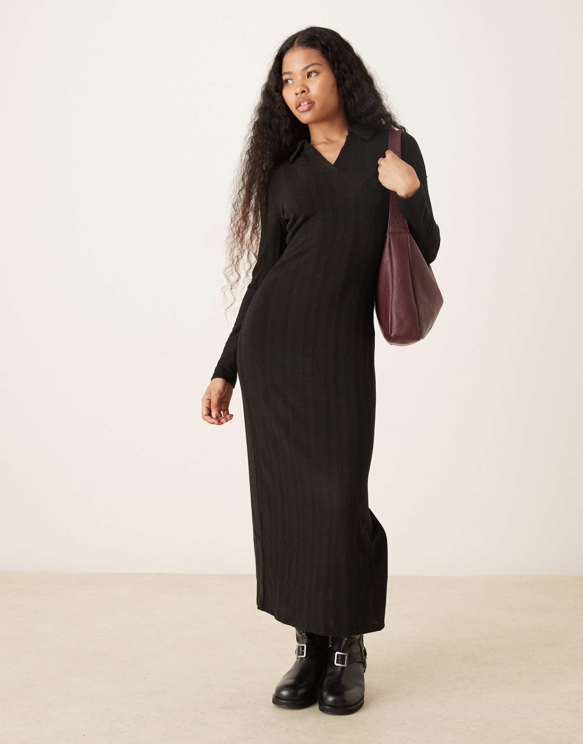 jdy petite knit polo maxi dress in black