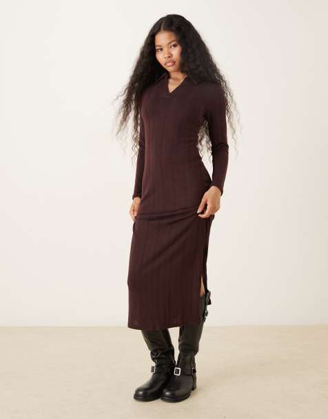 JDY Petite knit polo maxi dress in chocolate brown - view 1