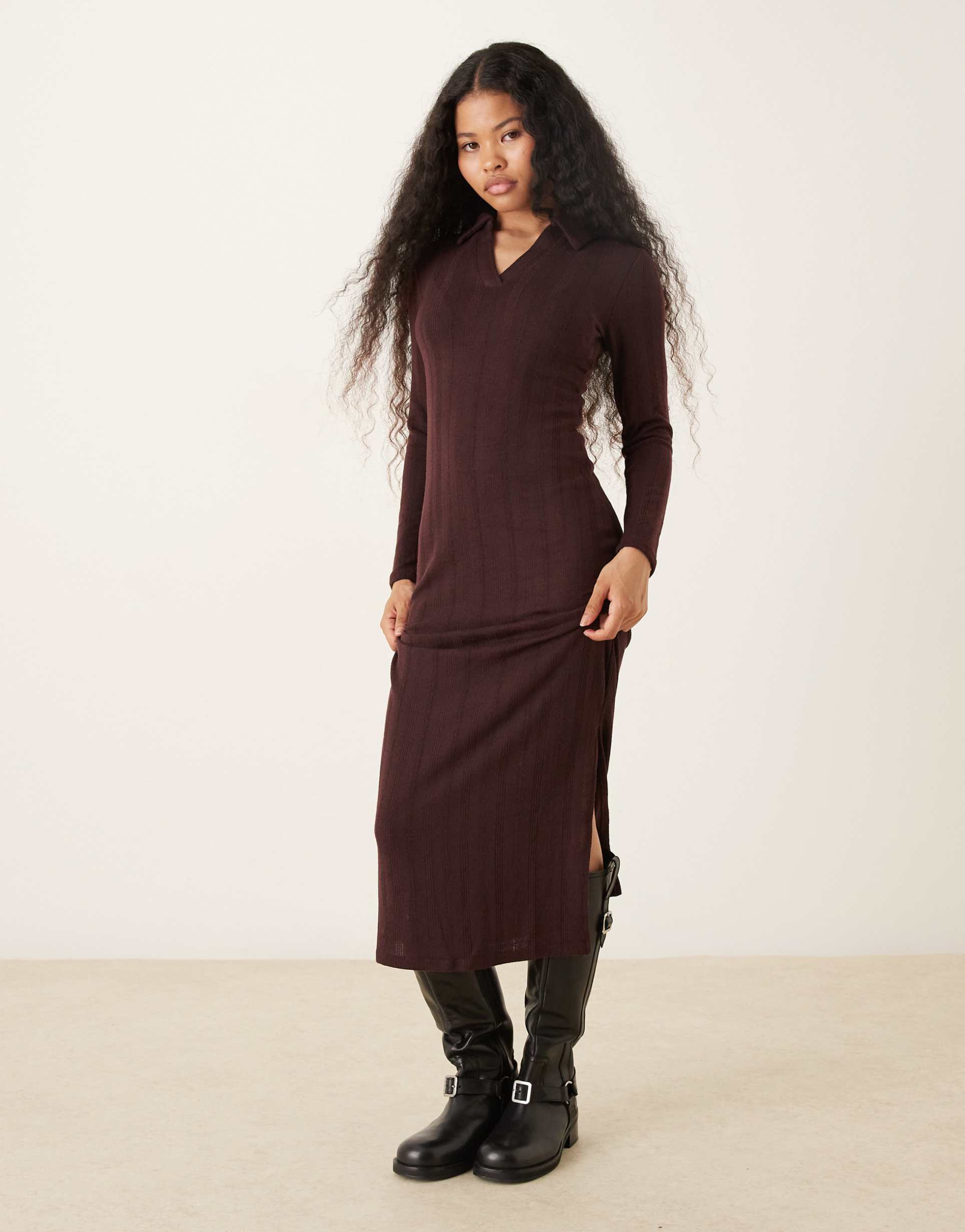 jdy petite knit polo maxi dress in chocolate brown