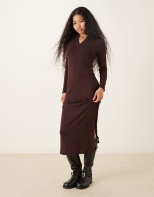 JDY Petite knitted polo maxi dress in chocolate brown