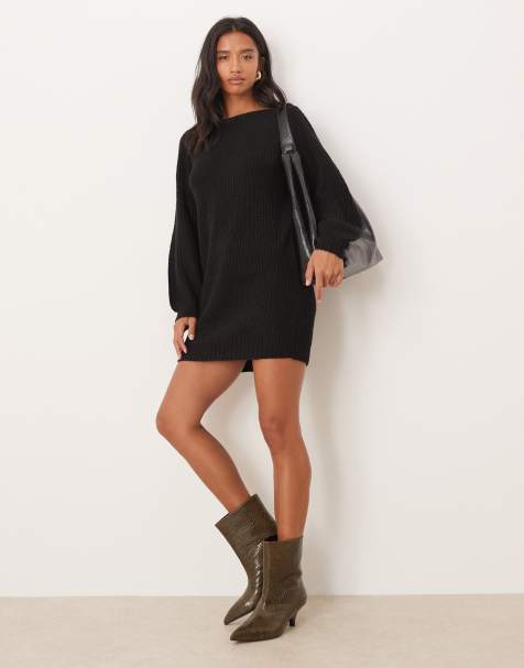 JDY Petite – Kurzes, gestricktes Pulloverkleid in Schwarz mit breitem Ausschnitt - view 1