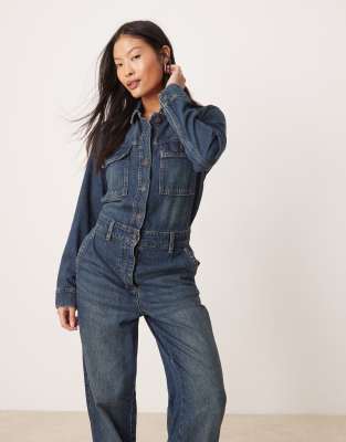 JDY Petite - Langärmliger Jeans-Jumpsuit in mittelblauer Waschung