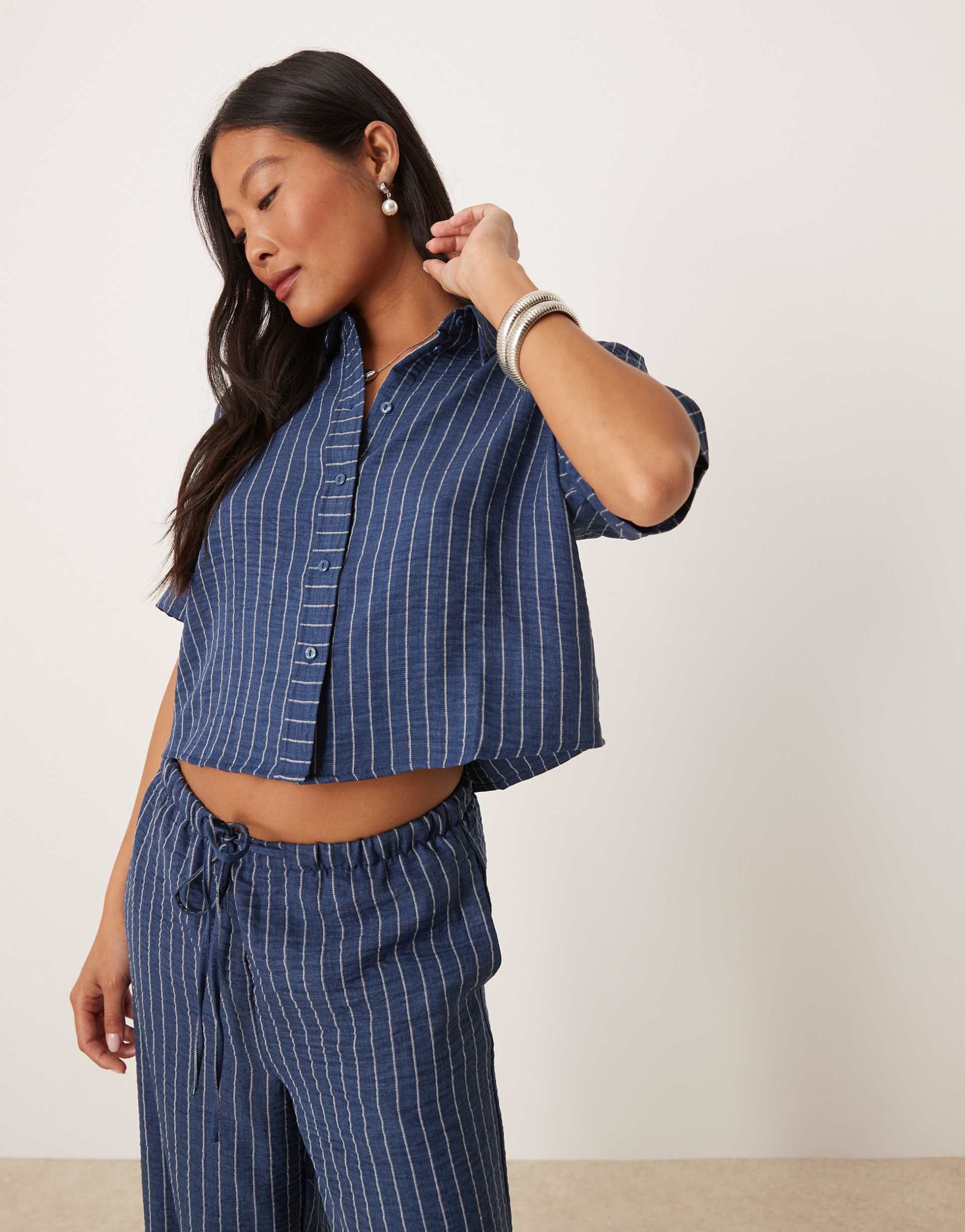 jdy petite lightweight boxy shirt in dark blue stripes - part of a set