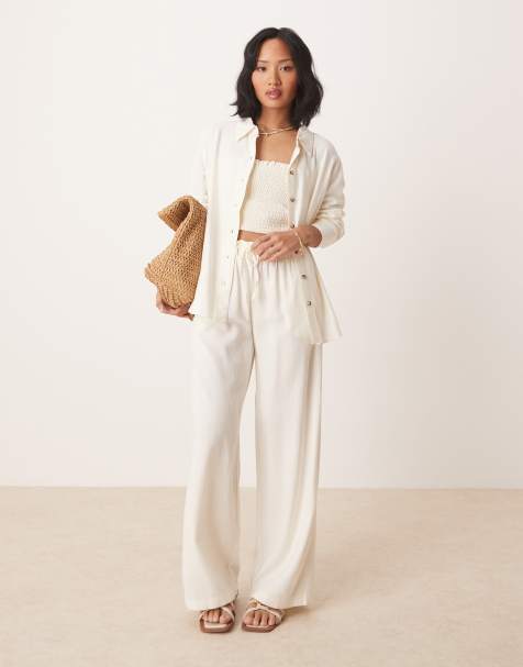 JDY Petite linen mix shirt & trousers co-ord in white - view 1