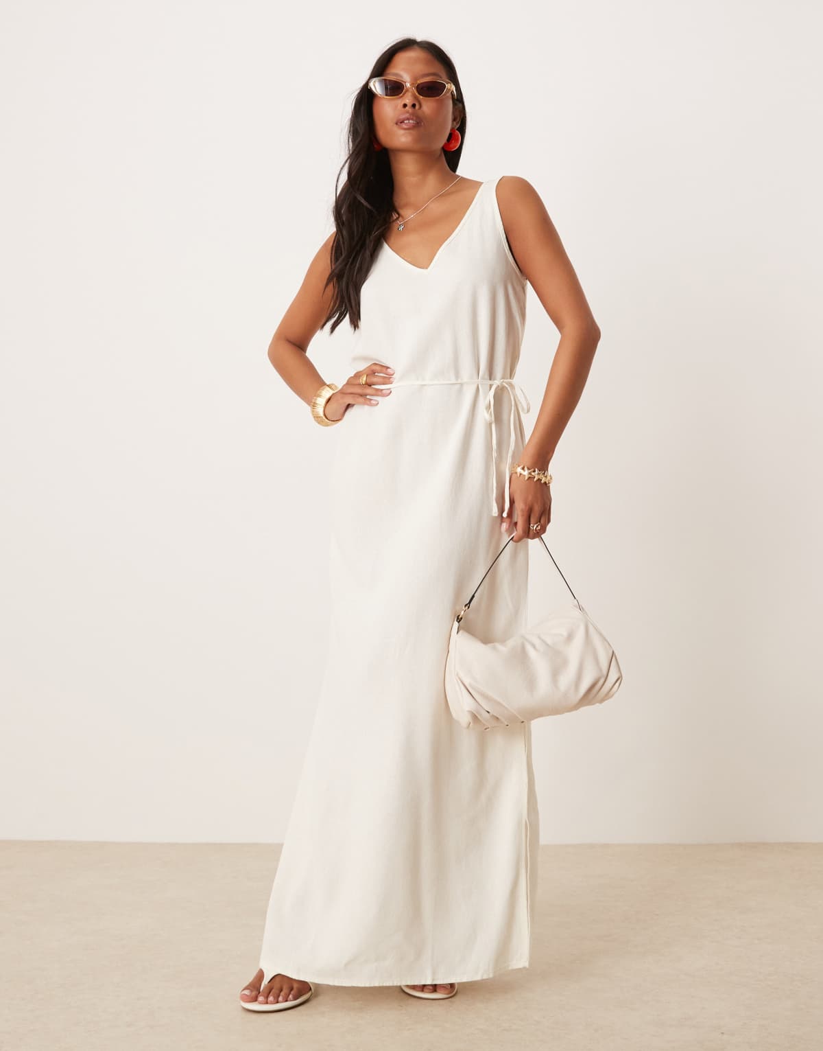 JDY Petite linen mix tie maxi dress in white