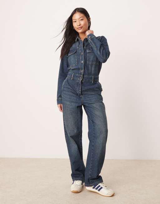 JDY Petite long sleeves denim jumpsuit in mid wash blue