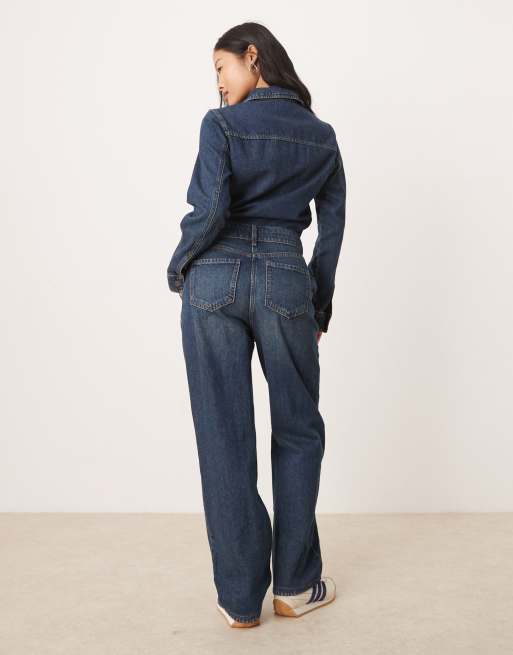 JDY Petite long sleeves denim jumpsuit in mid wash blue