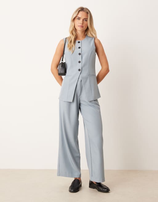 JDY Petite – Longline-Weste in Staubblau mit durchgehender Knopfleiste, Kombiteil, 2 von 4