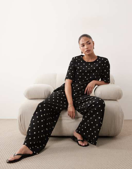 JDY Petite - Co-ord set van asymmetrische top en losse broek in zwart met stippen, 3 van 3