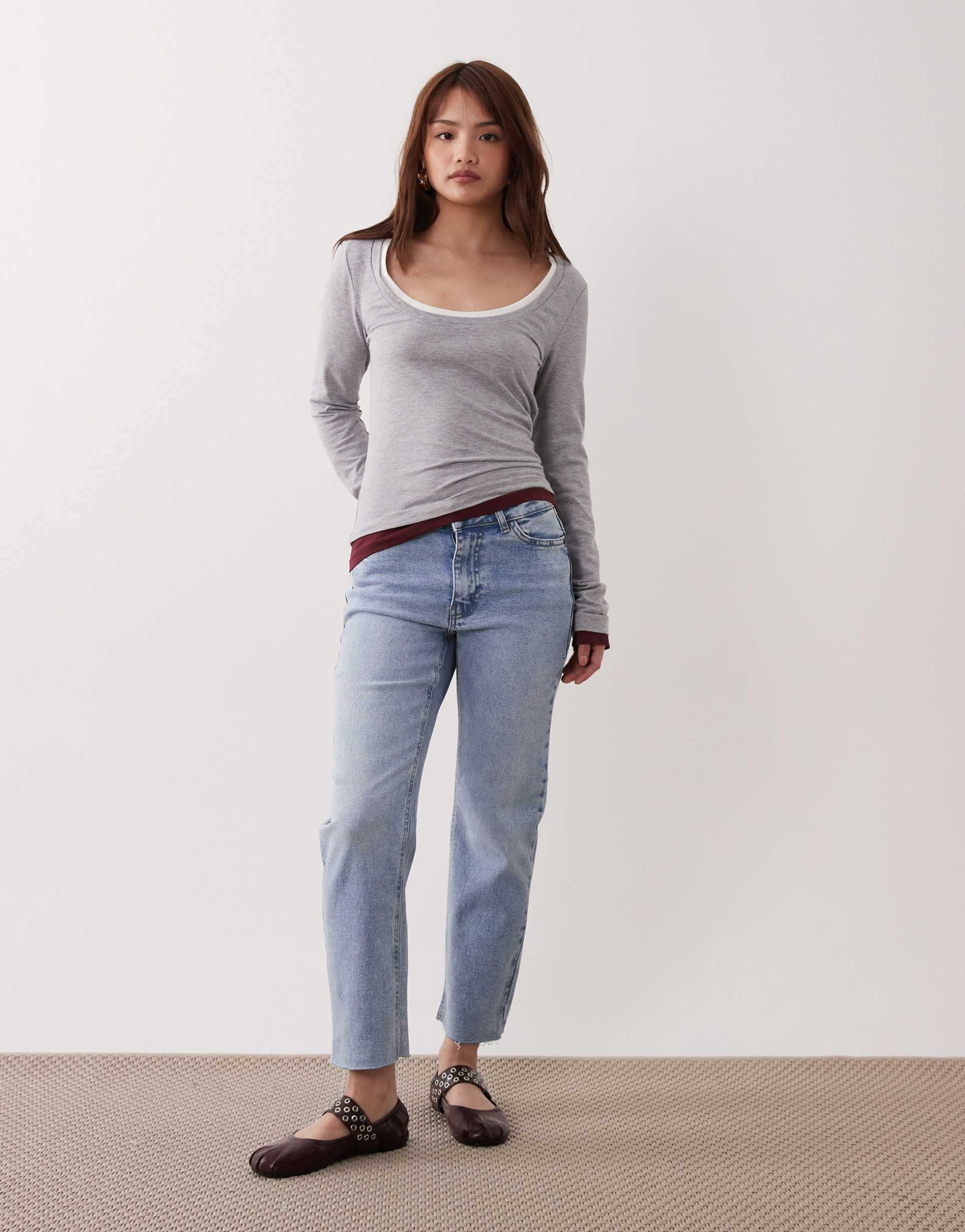 jdy petite lullu high waist straight leg jeans in light blue