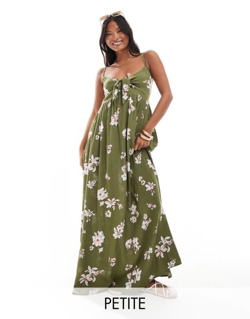 JDY Petite - Maxi-jurk met gestrikte voorkant in kaki met bloemenprint