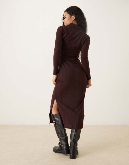 JDY Petite – Maxikleid aus Strick in Schokobraun mit Polokragen, 3 von 4