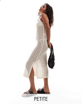 open crochet midi tank dress in stone-Neutral
