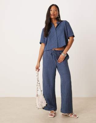 Pantalon large d'ensemble à rayures - Bleu foncé L
