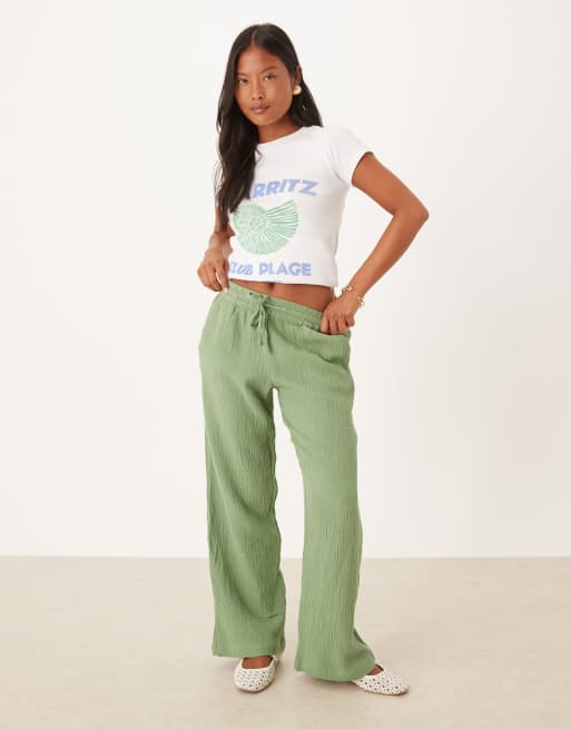 JDY Petite - Pantalon large en étamine - Vert foncé