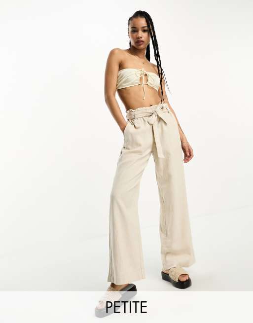 JDY Petite - Pantaloni a fondo ampio in lino color avena