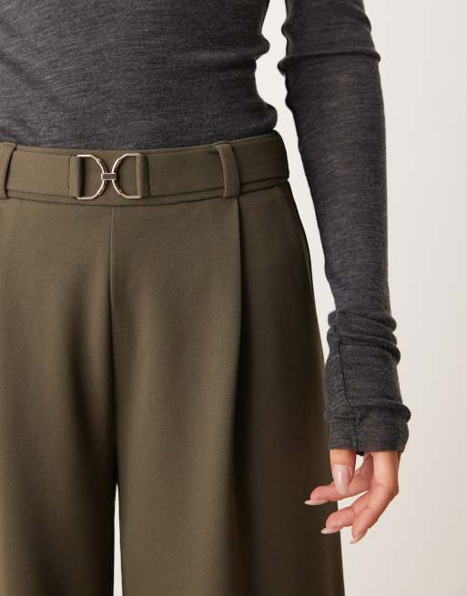 JDY Petite - Pantaloni a fondo ampio kaki con cintura, 4 di 5
