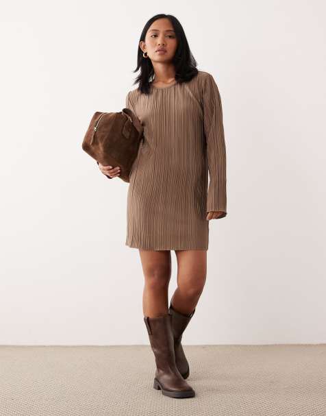 JDY Petite plisse flute sleeves mini dress in light brown - view 1