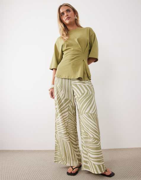 JDY Petite pull on trousers in sage abstract print - view 1