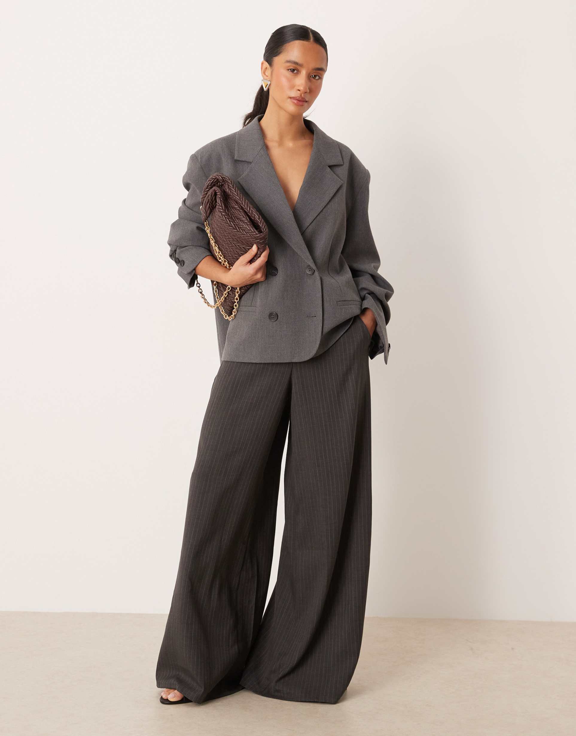 jdy petite pull-on wide leg pants in charcoal pinstripe