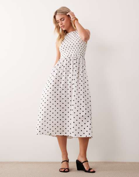 JDY Petite - Robe babydoll mi-longue et sans manches à fronces et motif pois - Blanc - view 1