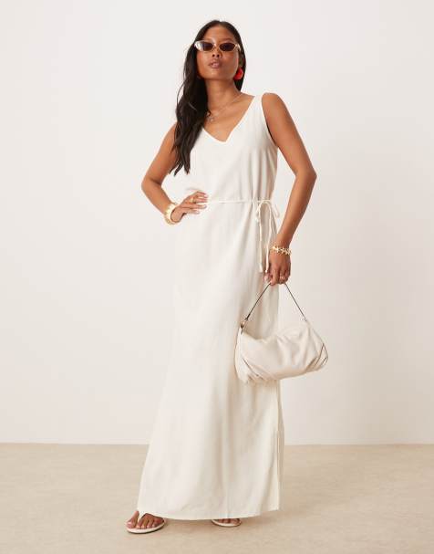 JDY Petite - Robe longue en lin mélangé avec liens noués à la taille - Blanc - view 1