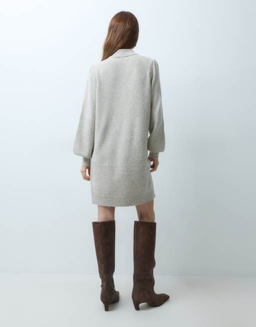 JDY Petite robe pull courte en maille à manches bouffantes couleur pierre, 4 de 4