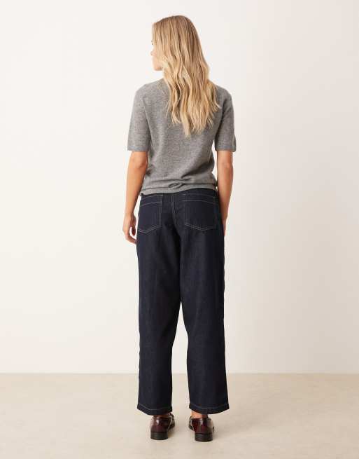 JDY Petite – Sansa – Mörkblå jeans med hög midja, dekorativ söm och barrelben, 2 av 5