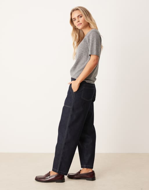 JDY Petite – Sansa – Mörkblå jeans med hög midja, dekorativ söm och barrelben, 3 av 5