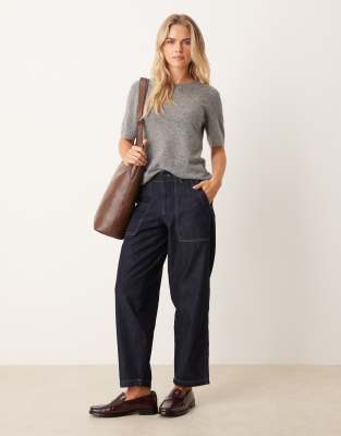 JDY Petite Sansa stitch detail high waist barrel jeans in dark blue