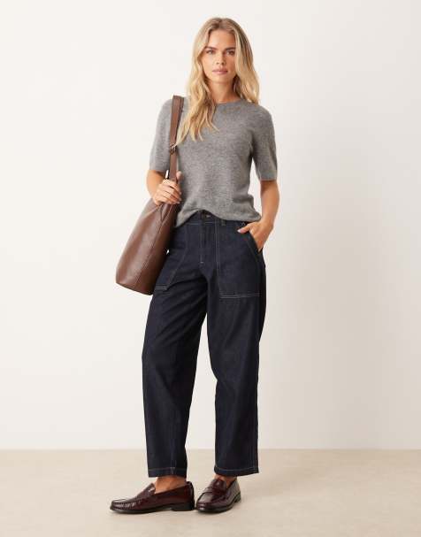 JDY Petite Sansa stitch detail high waisted barrel jeans in dark blue - view 1