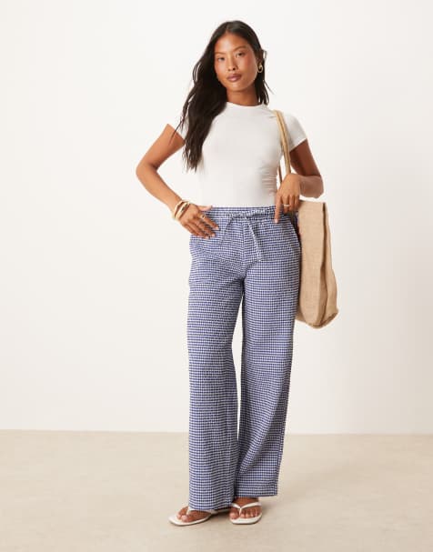 JDY - Petite - Seersucker broek met wijde pijpen in blauwe ruitjes - view 1