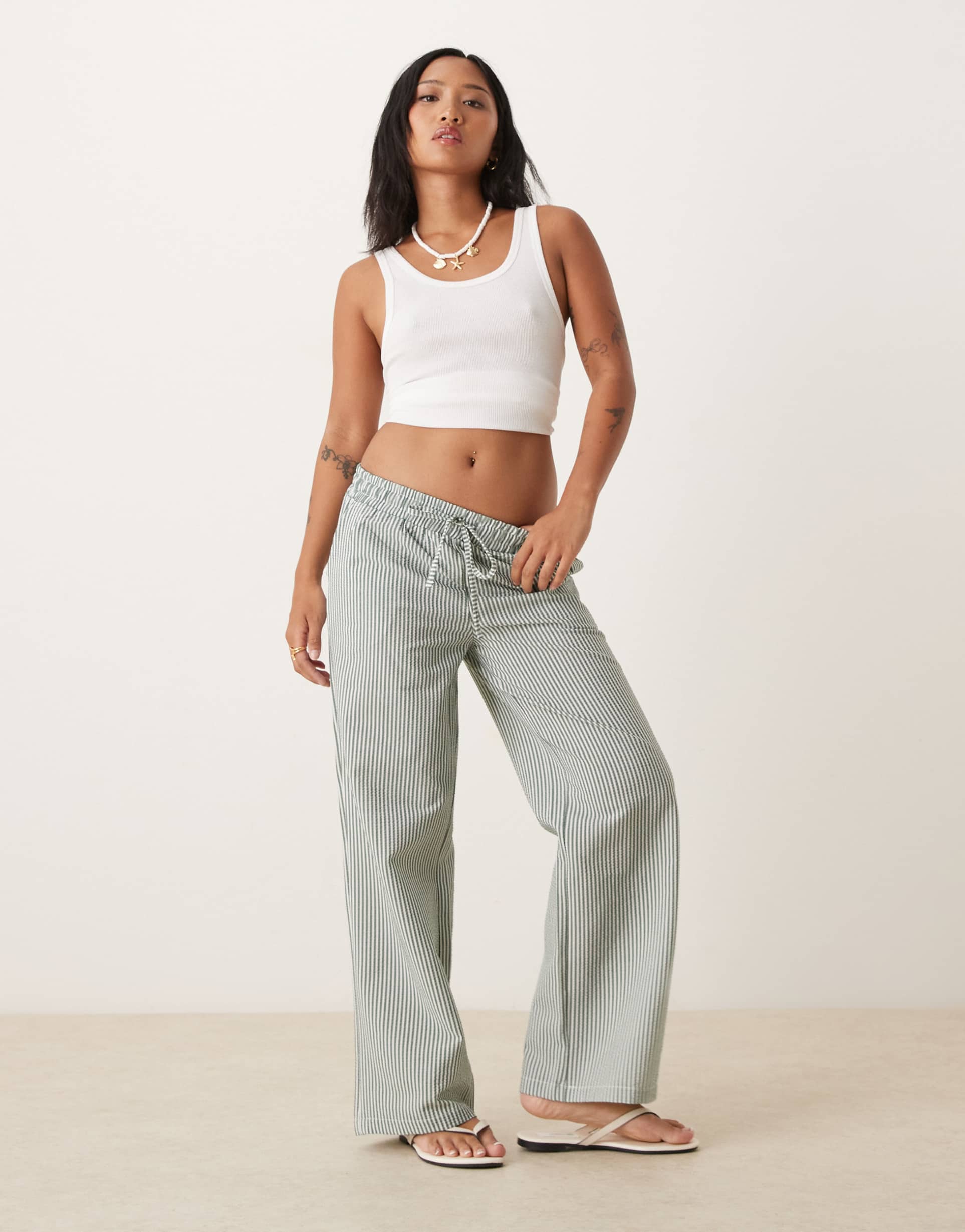 jdy petite seersucker pants in green stripes