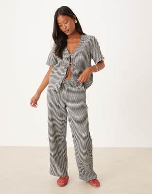 JDY Petite seersucker tie front top & wide leg pants set in black gingham