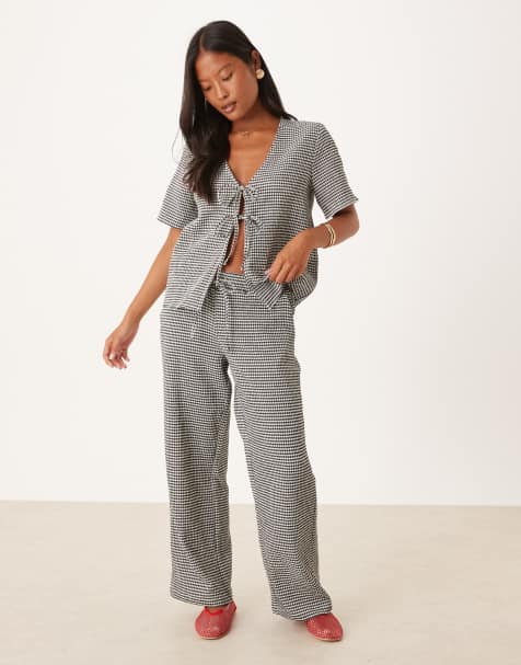 JDY Petite seersucker tie front top & wide leg pants set in black gingham - view 1