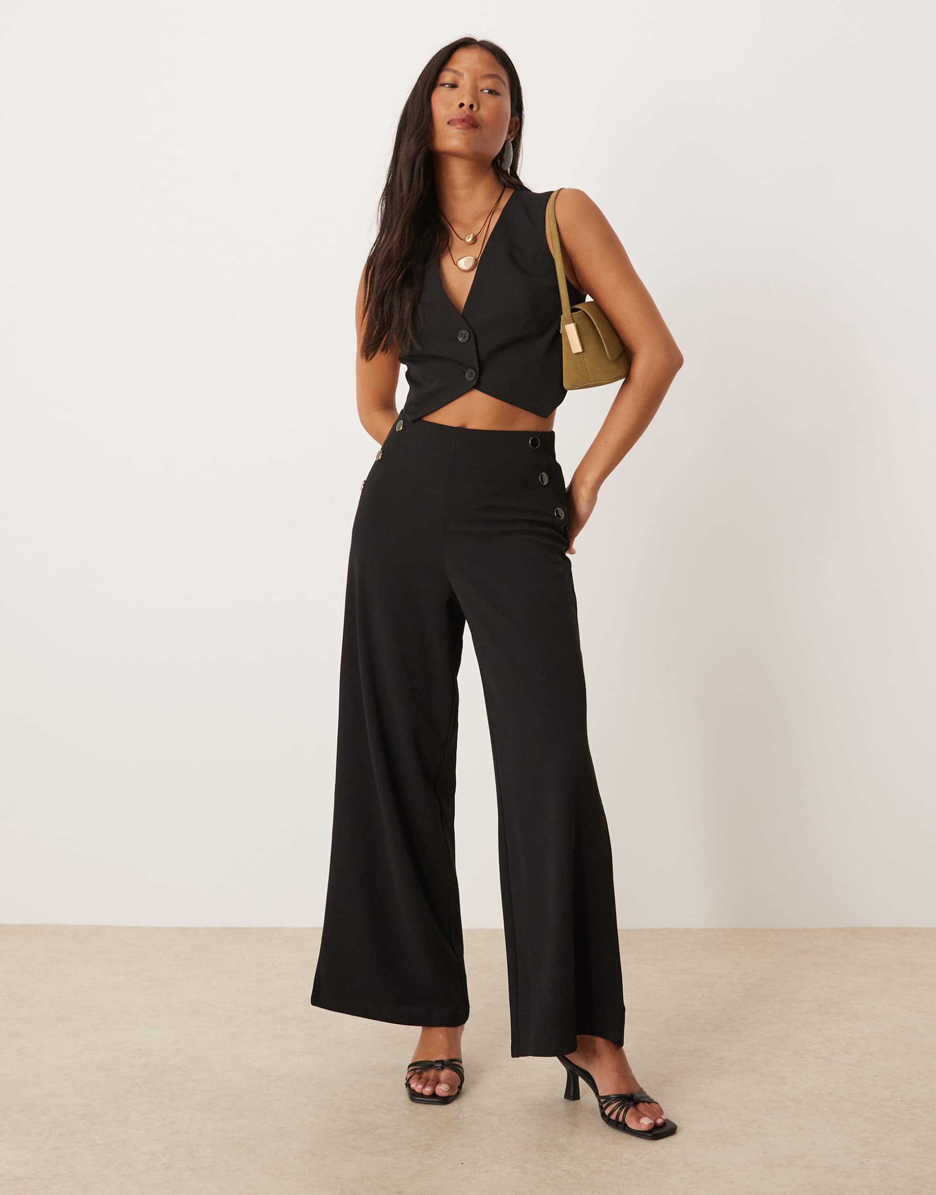 jdy petite side buttons detail tailored pants in black