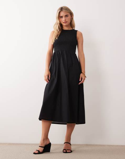 JDY Petite sleeveless smock midi dress with shirring in black