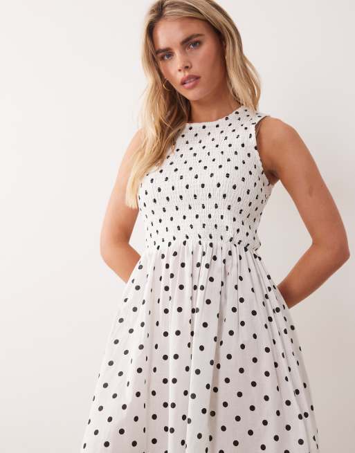 JDY Petite sleeveless smock midi dress with shirring in white polka dot, 2 of 4