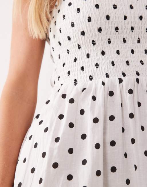 JDY Petite sleeveless smock midi dress with shirring in white polka dot, 3 of 4
