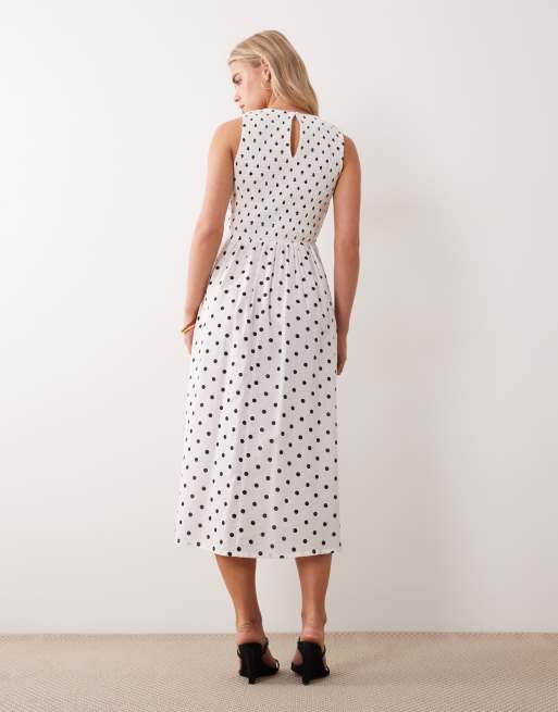 JDY Petite sleeveless smock midi dress with shirring in white polka dot, 4 of 4